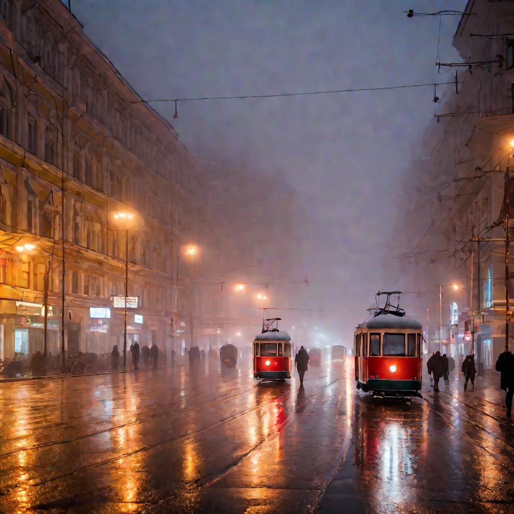 Невский проспект в Новосибирске вечером в туман и дождь