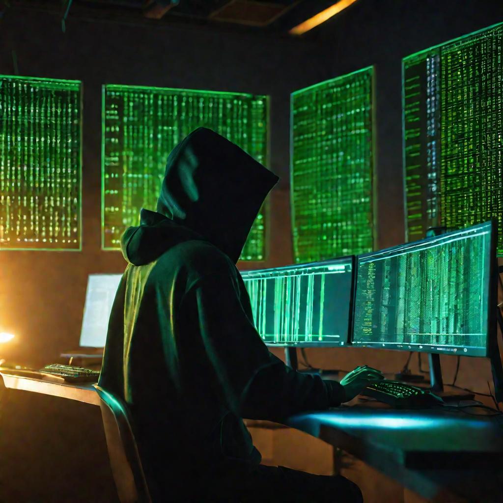 Хакер в темной одежде печатает строки двоичного кода на мониторе компьютера