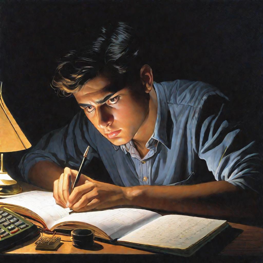 Портрет студента, вычисляющего тангенс угла с калькулятором ночью