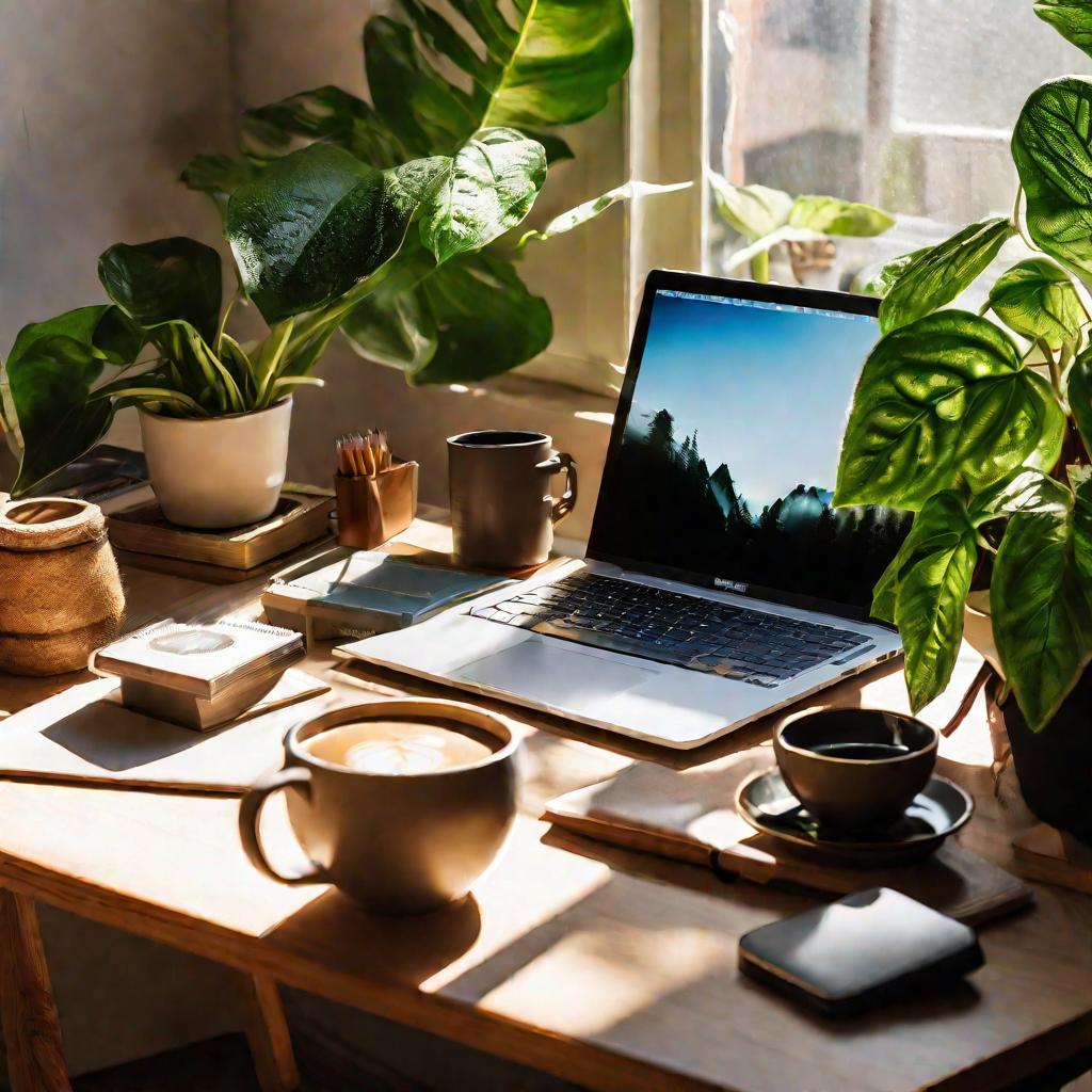 Рабочий стол с ноутбуком и растениями
