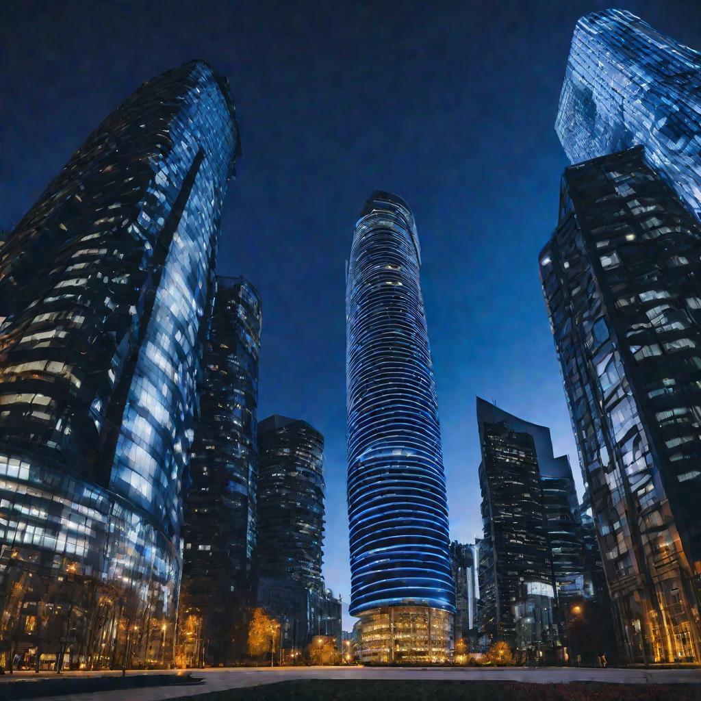 Городской пейзаж с высотными зданиями при драматичном синем освещении символизирует изоляцию кода jQuery в больших приложениях с помощью jQuery.noConflict()