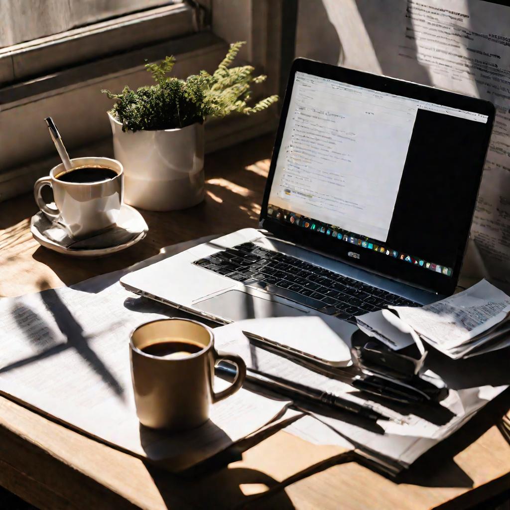 Беспорядочный рабочий стол с мятой бумагой, ручками, кружками и ноутбуком с примерами CSS-кода для переноса текста. Солнечный свет из окна отбрасывает драматичные тени