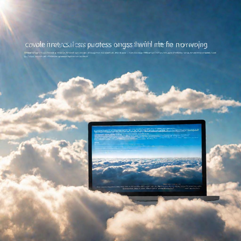 Воздушный вид экрана компьютера со строчками CSS-кода для переноса слов на веб-странице. Код на фоне облаков и голубого неба выглядит мягко и воздушно