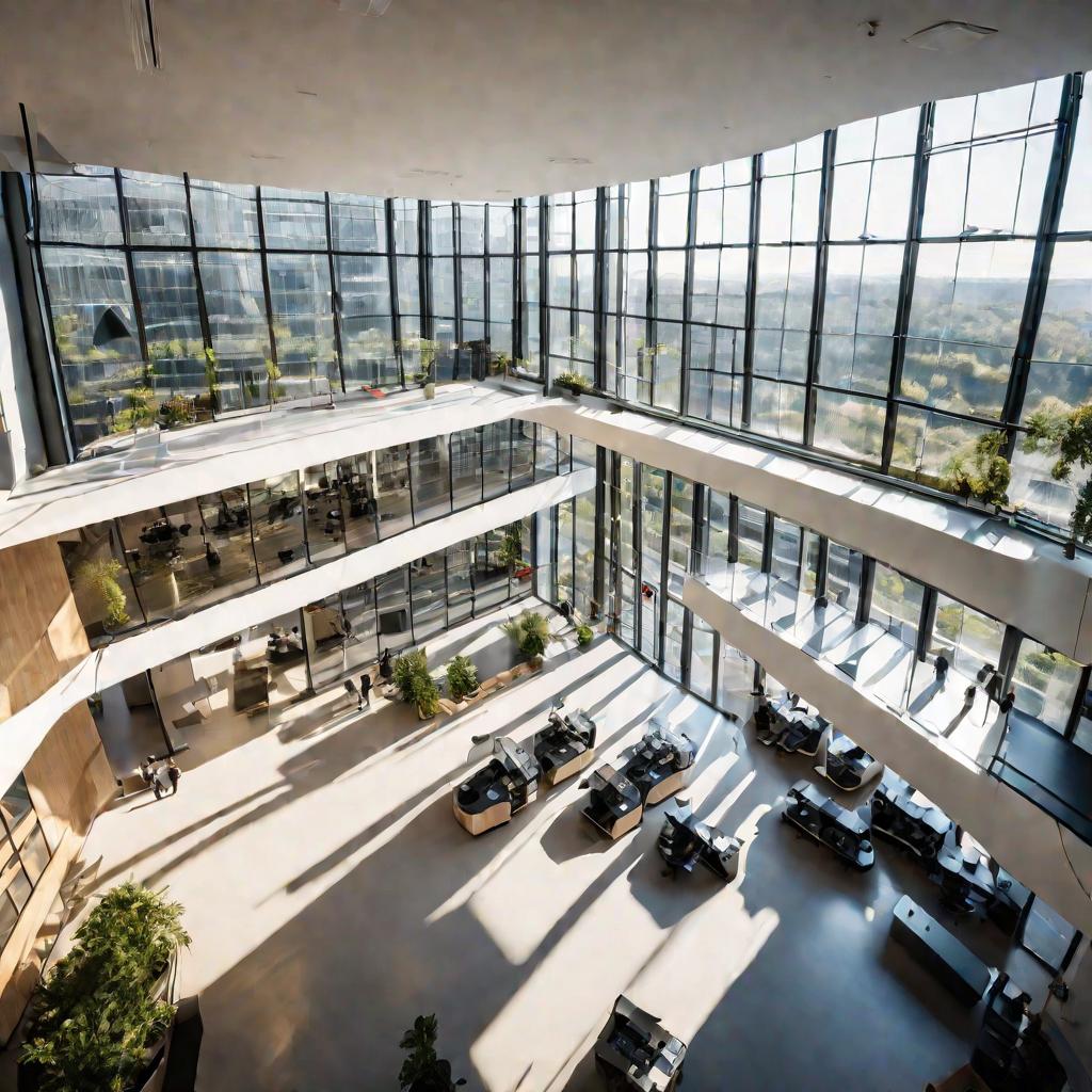 Минималистичный вид сверху на современный офис высоких технологий с большими окнами, демонстрирующий общий вид рабочих столов с компьютерами, переговорных комнат и пространств для творчества. Через огромные окна в помещение попадает солнечный свет, залива