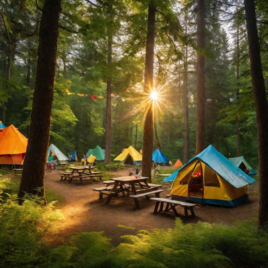 Летний лагерь в лесу в закатных лучах с палатками, детьми, которые играют