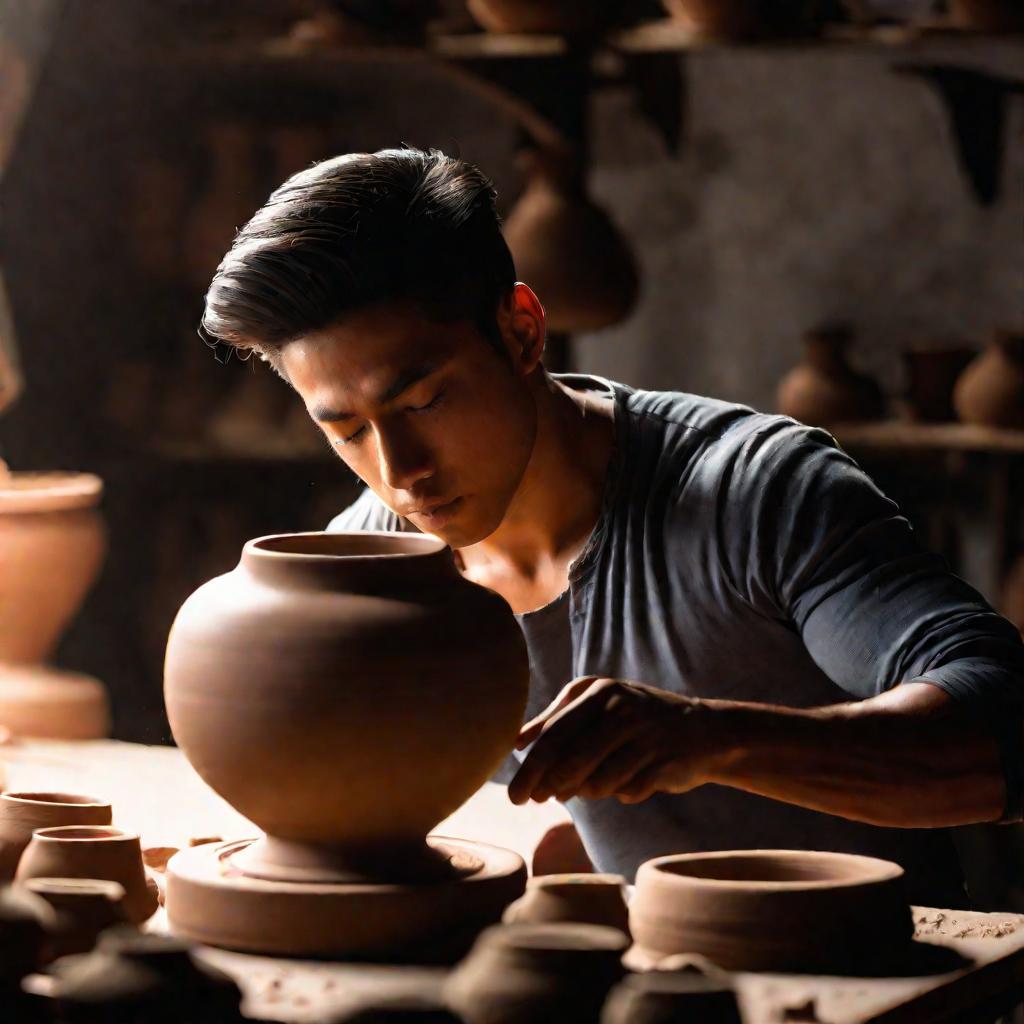 Молодой человек лепит вазу на гончарном круге в мастерской, сосредоточен на работе