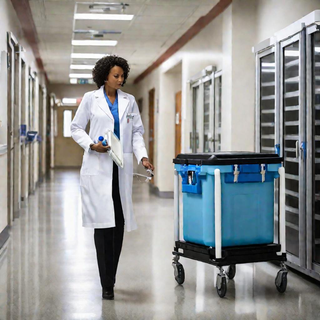Женщина в белом халате идет по больничному коридору, держа в руках большой прямоугольный медицинский термоконтейнер с толстой изоляцией, готовая доставить находящиеся внутри температурно-чувствительные лекарства пациентам