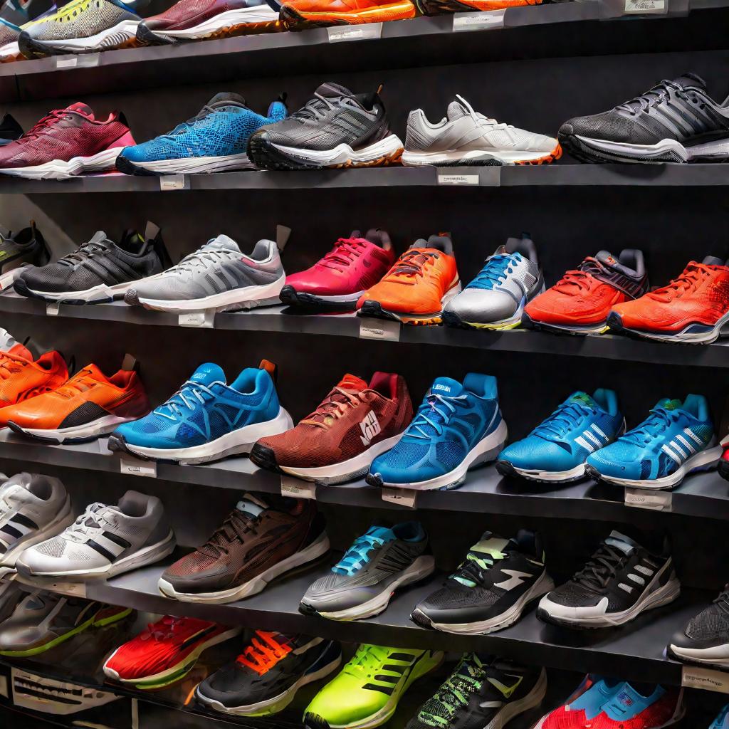 Спортивная обувь разных видов в магазине Декатлон