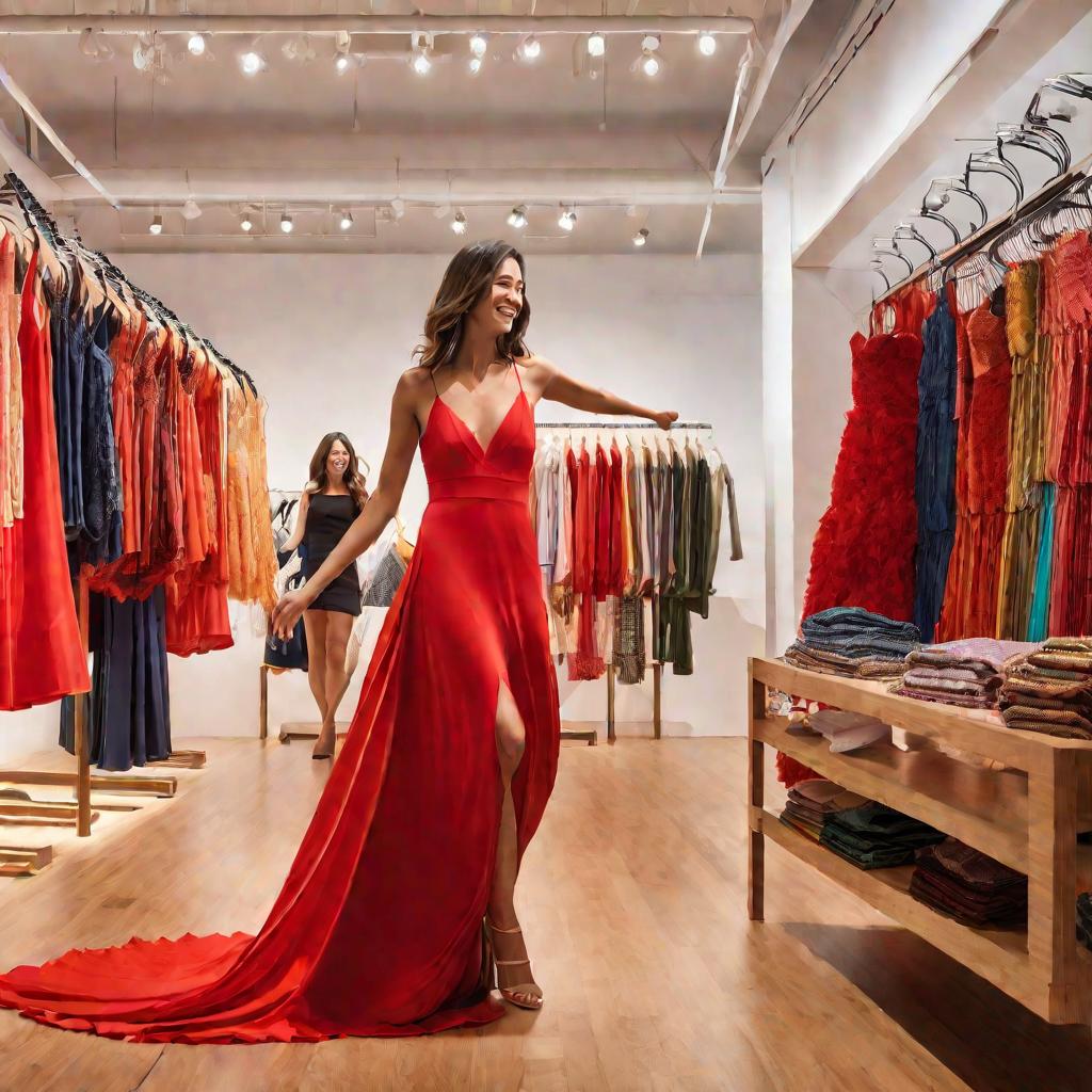Девушка примеряет красное платье в магазине