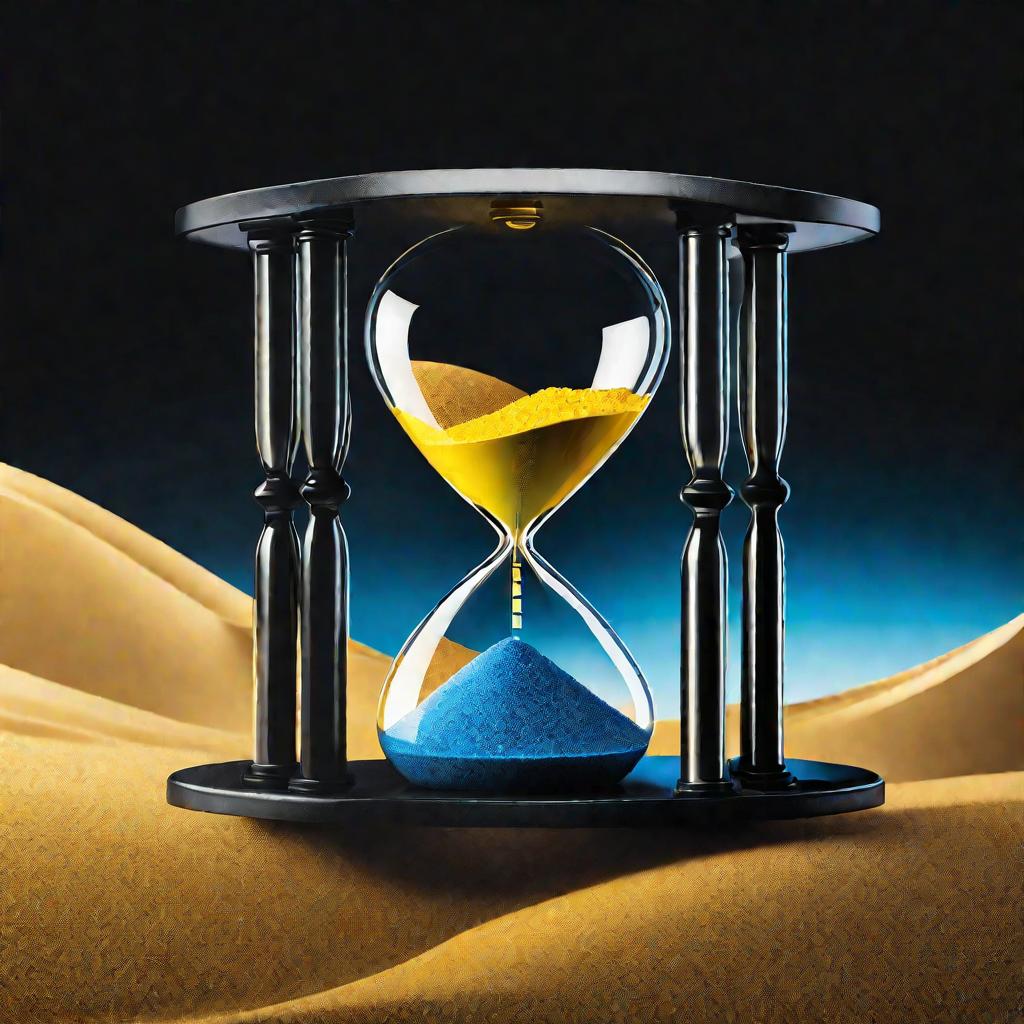 Минималистичное абстрактное изображение сверкающего серебряного циферблата часов с черными стрелками, указывающими на полночь, парящего в пустом черном пространстве. Рядом с часами завис светящийся голубым светом песочный таймер, содержащий яркий желтый п