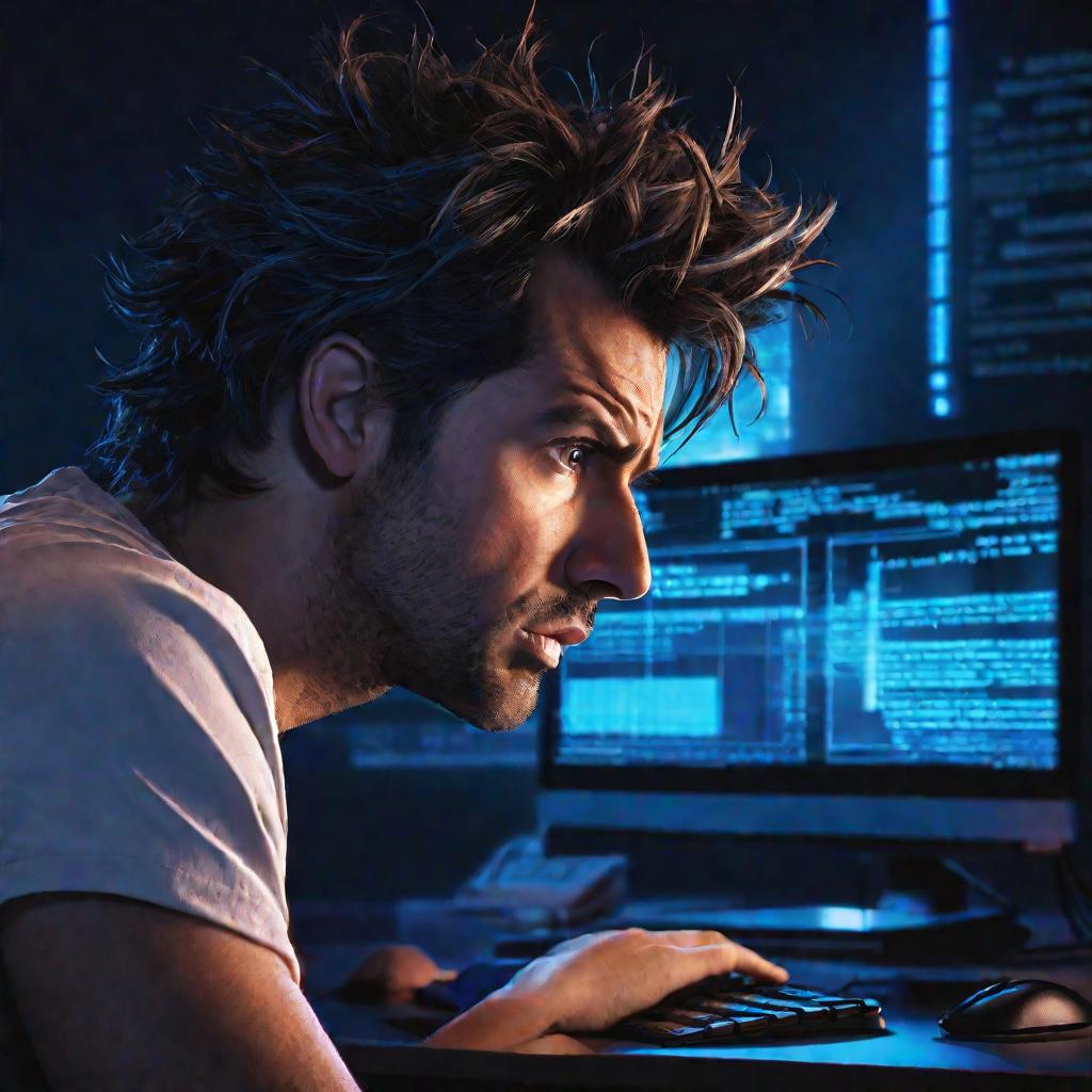Портрет раздраженного мужчины ночью у компьютера с ошибкой.