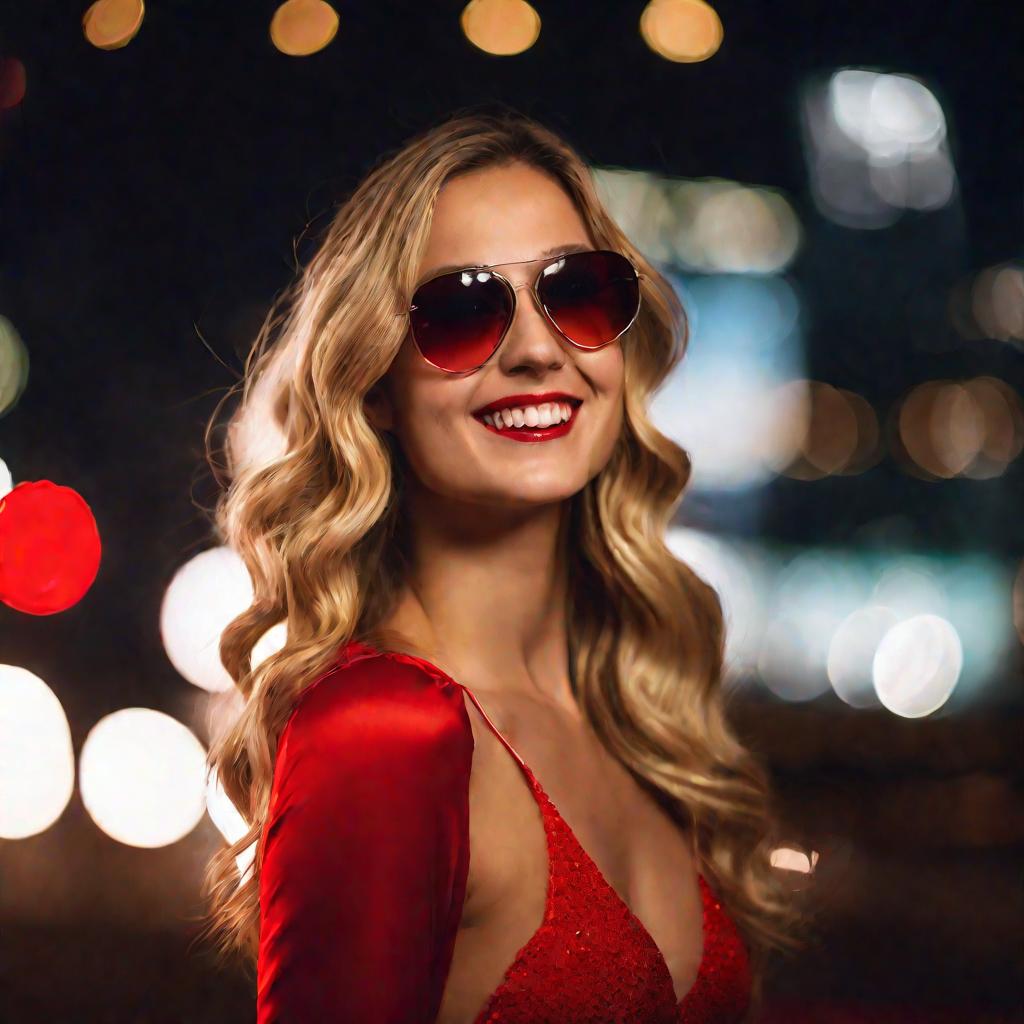 Портрет молодой женщины в красном платье на фоне размытых ночных огней города