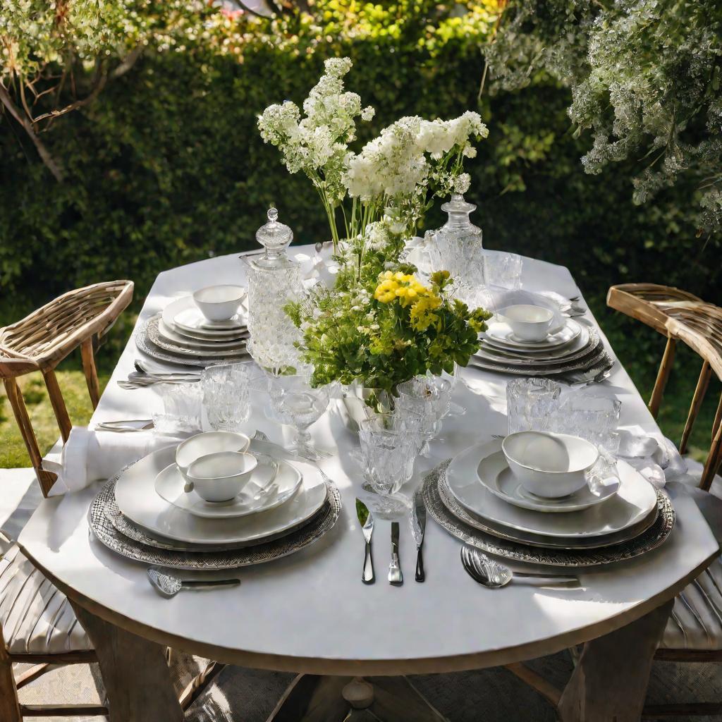 Широкий вид сверху на красиво сервированный стол с белой посудой, серебряными приборами, хрустальными бокалами и вазой с цветами. Стол находится на открытой веранде в солнечный день. На заднем плане видны деревья и зеленые кусты.