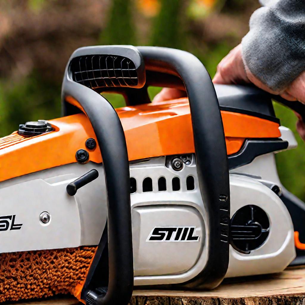 Крупный план рукоятки бензопилы Stihl.