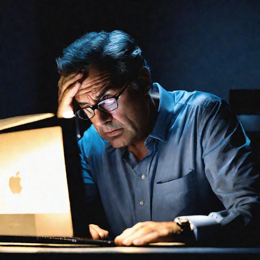 Портрет мужчины средних лет, который сидит ночью у компьютера. Он держит голову в знак отчаяния, на его лице тревога и раздражение от ошибки «Неверный формат хранилища данных».