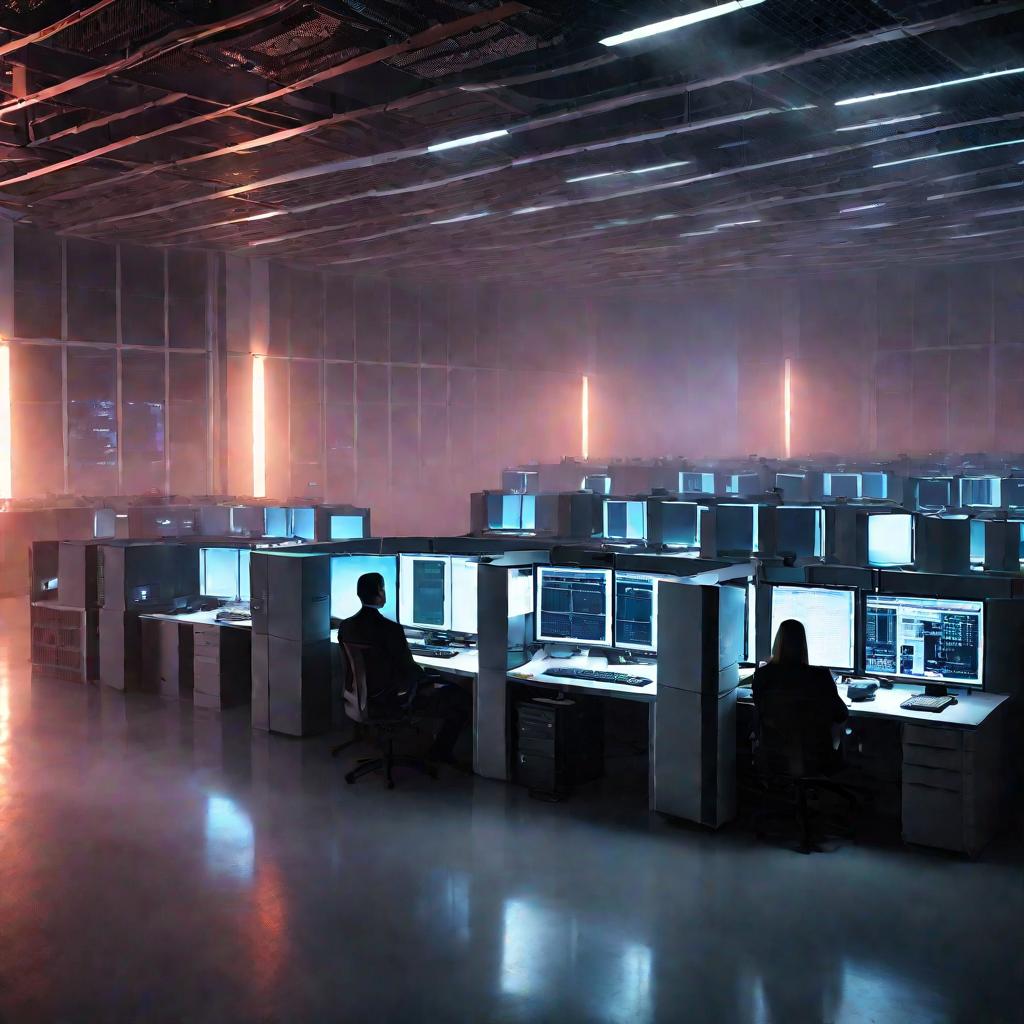 Здание компании 1С ранним туманным утром. Внутри огромный серверный зал, где на компьютерах мигают критические предупреждения. Администратор спешит разобраться с ошибкой хранилища данных.