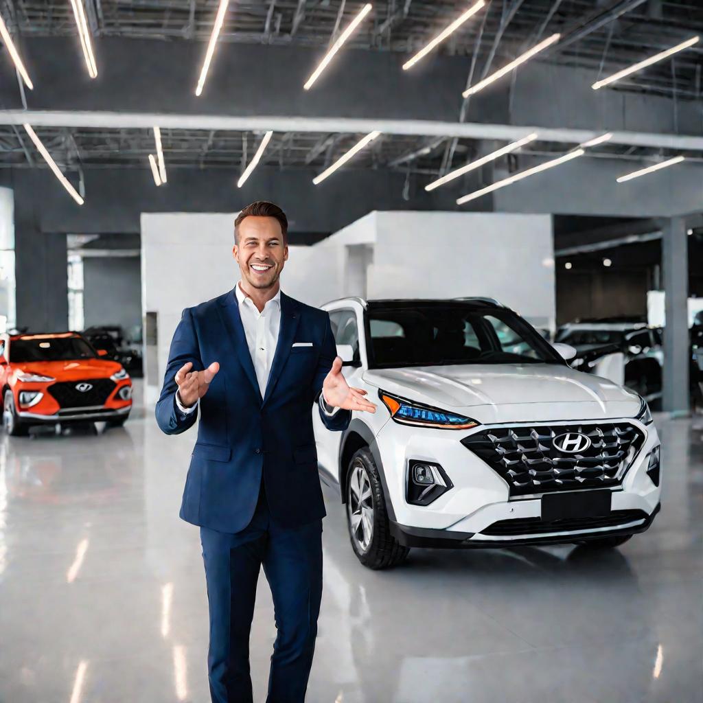 Портрет улыбающегося консультанта рядом с внедорожником Hyundai в салоне