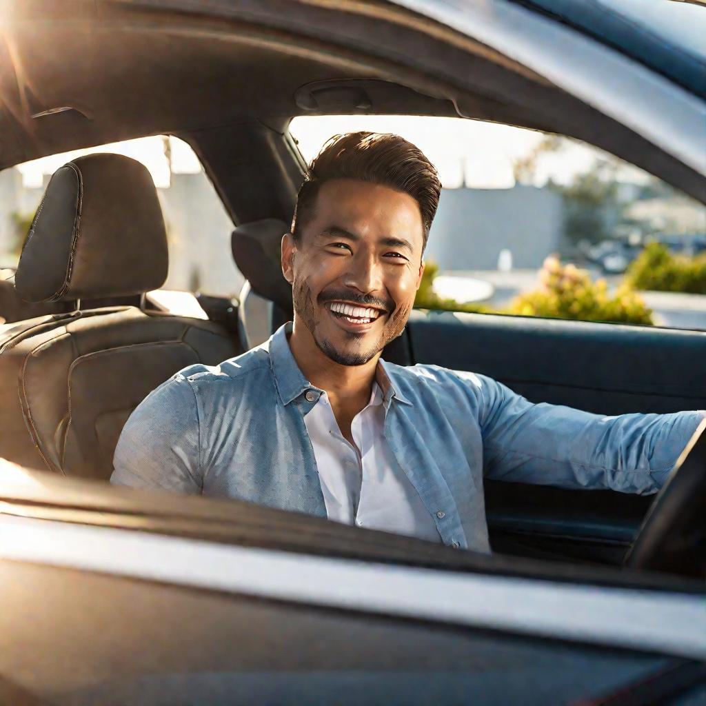 Мужчина счастливо улыбается, сидя за рулем нового седана Hyundai