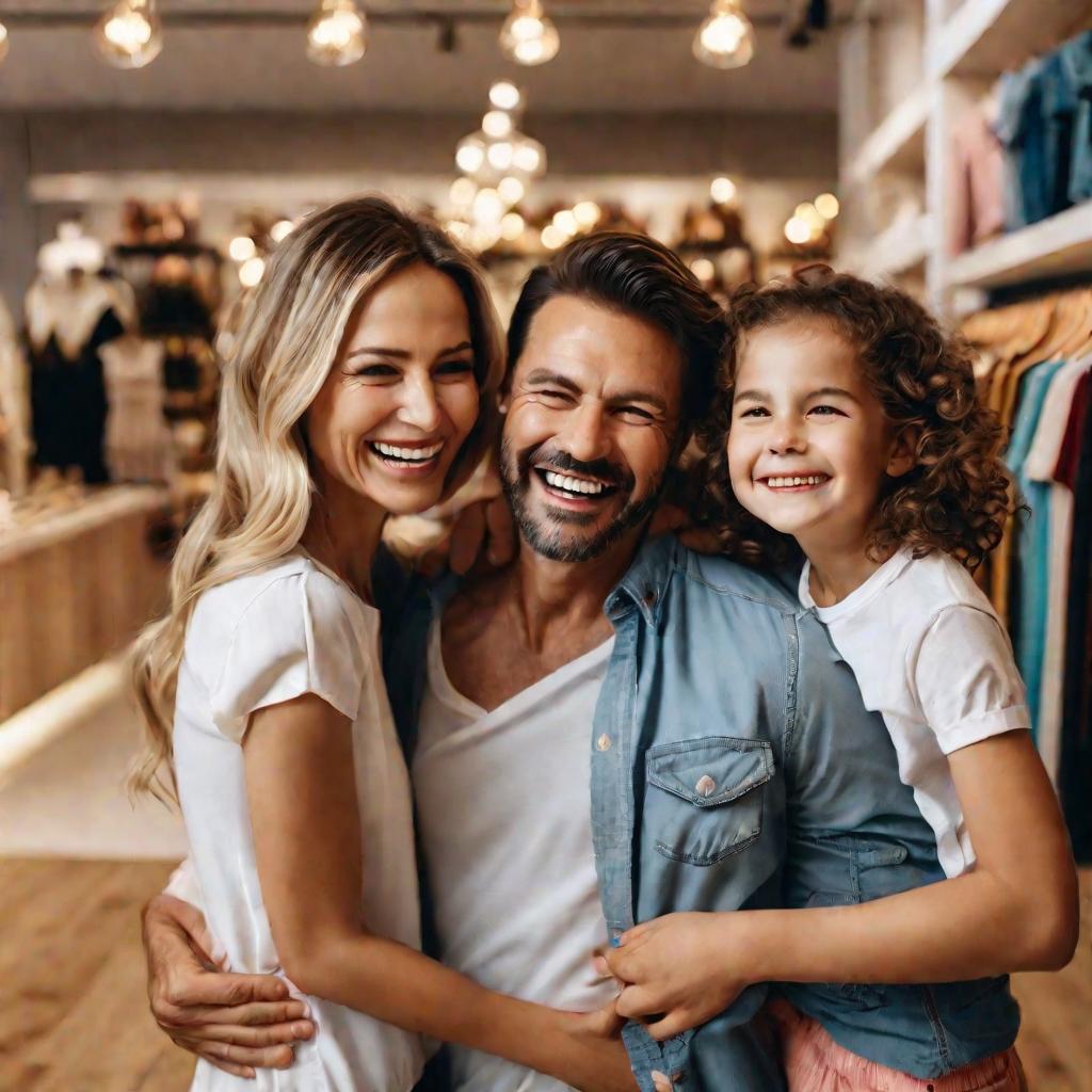 Счастливая семья из 4 человек в магазине одежды.