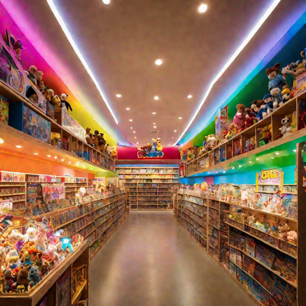 Магазин игрушек с ярким освещением и полками, заполненными разнообразными игрушками.