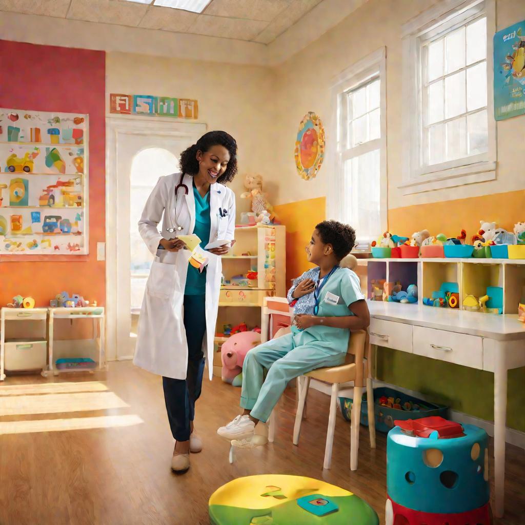 Светлый просторный кабинет детского врача с игрушками, где женщина-педиатр беседует с мамой и ребенком.