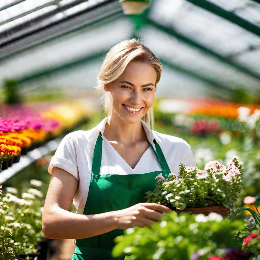 Портрет улыбающейся сотрудницы, поливающей цветы в теплице садового центра.