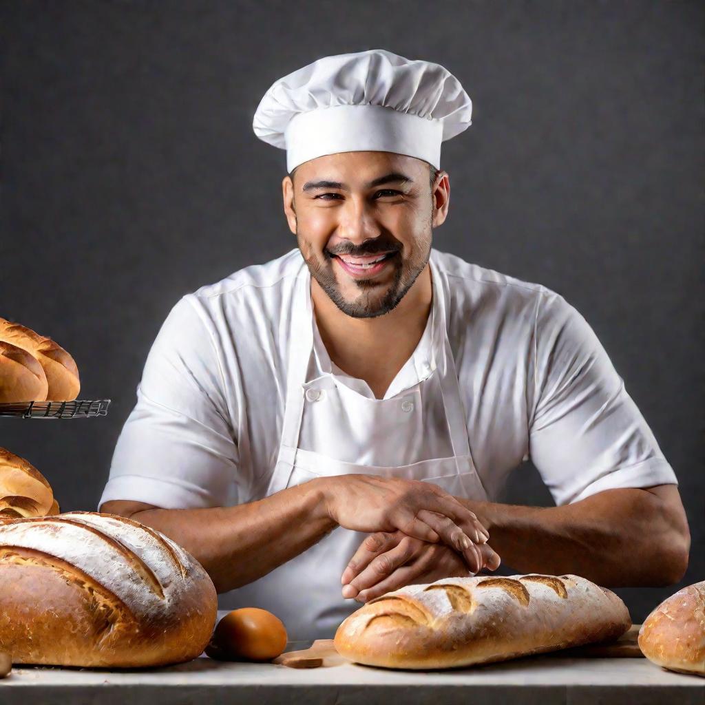 Портрет пекаря вблизи осматривающего свежеиспеченный хлеб.