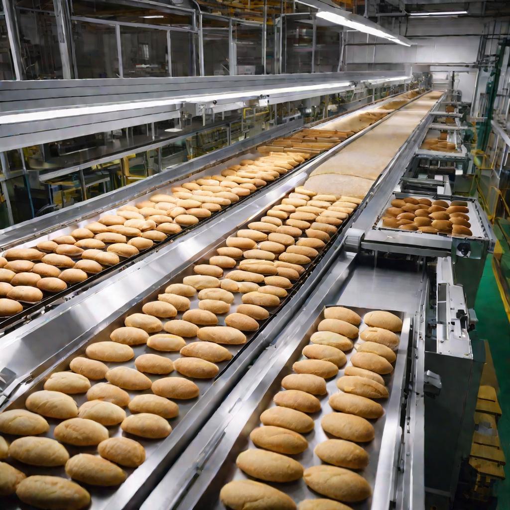 Вид сверху на автоматизированную линию производства хлеба в ярком цеху.
