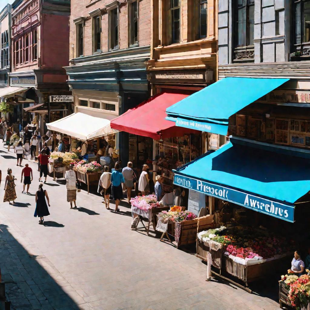 Улица с магазинами в солнечный день