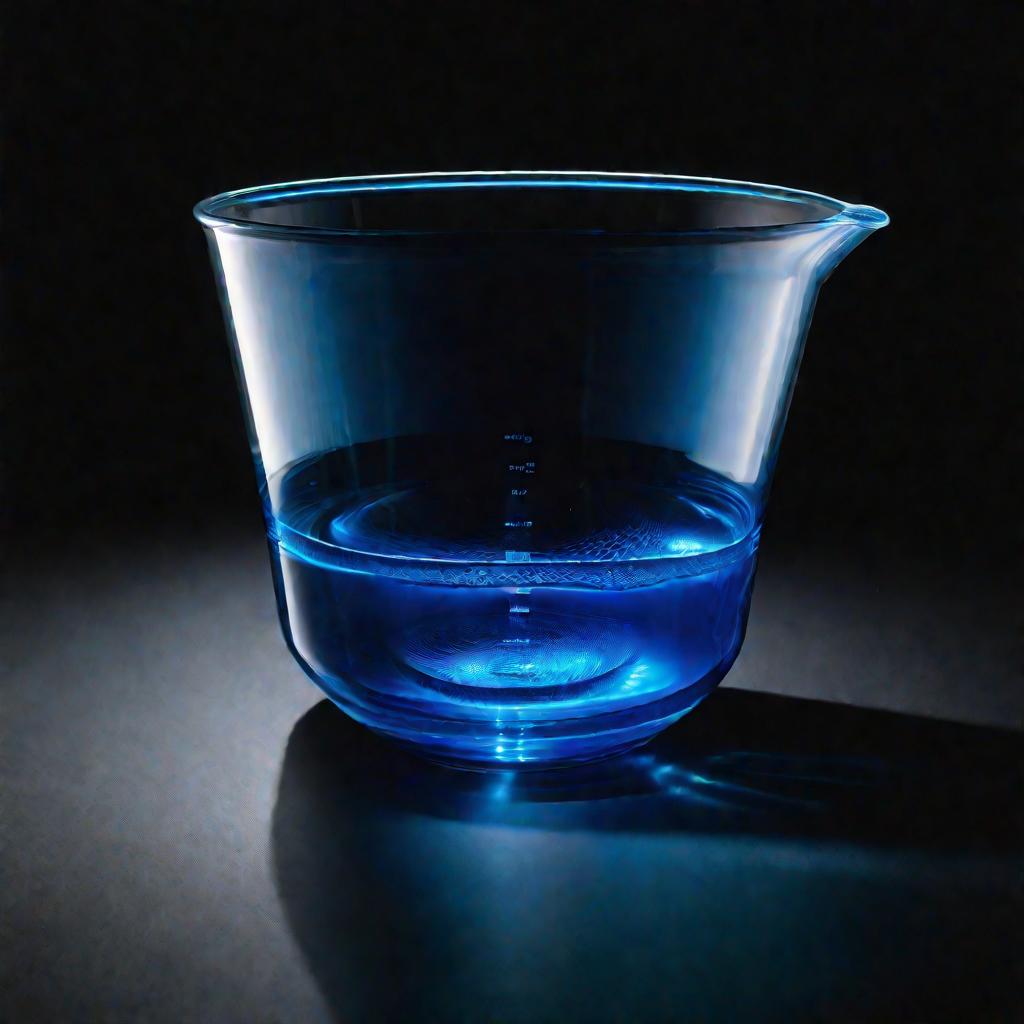 Большая колба, наполненная светящейся голубой жидкостью