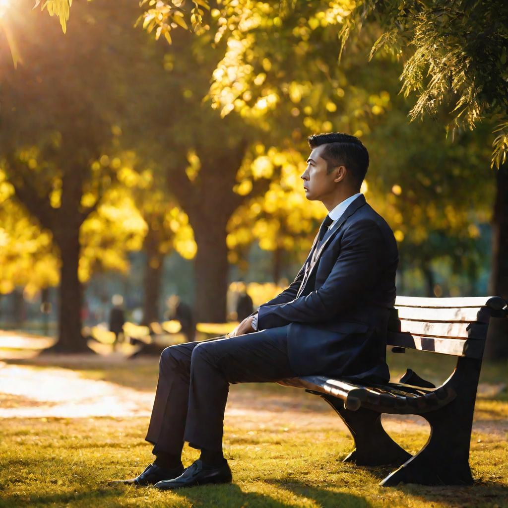 Мужчина в костюме сидит один на скамейке в парке.