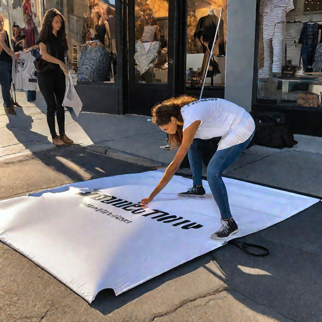 Девушка устанавливает складной рекламный стенд-паук перед магазином одежды