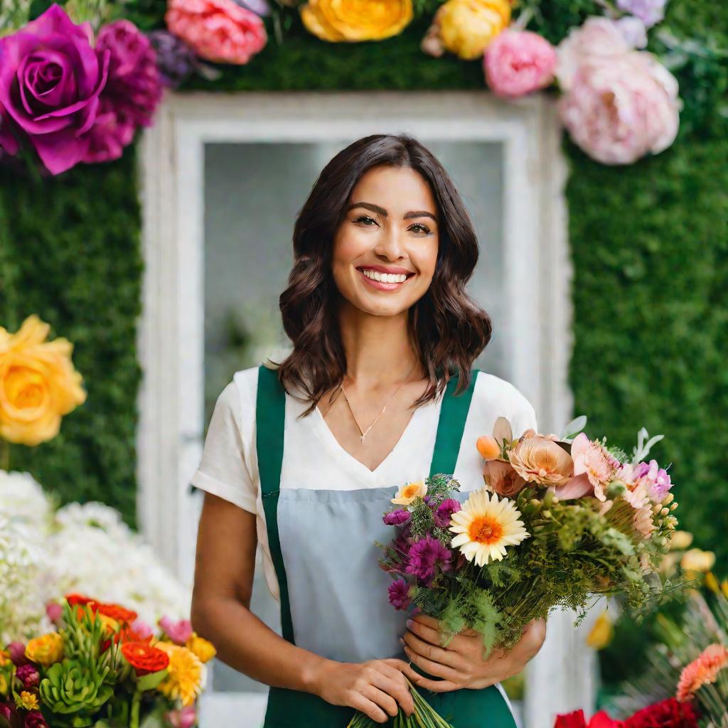 Флорист с букетом цветов рядом с рекламным баннером