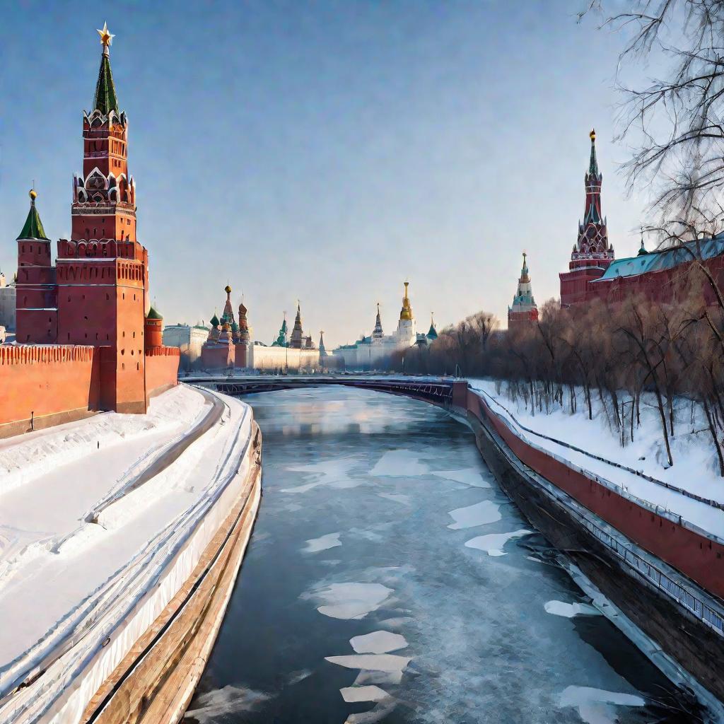 Вид на замерзшую Москву-реку, текущую через Москву, в морозное ясное зимнее утро. На заднем плане стены и башни Кремля. На льду много следов, но лед выглядит тонким и опасным.