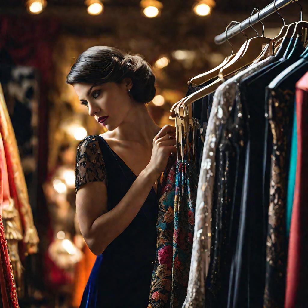Крупным планом модно одетая девушка выбирает платье в магазине