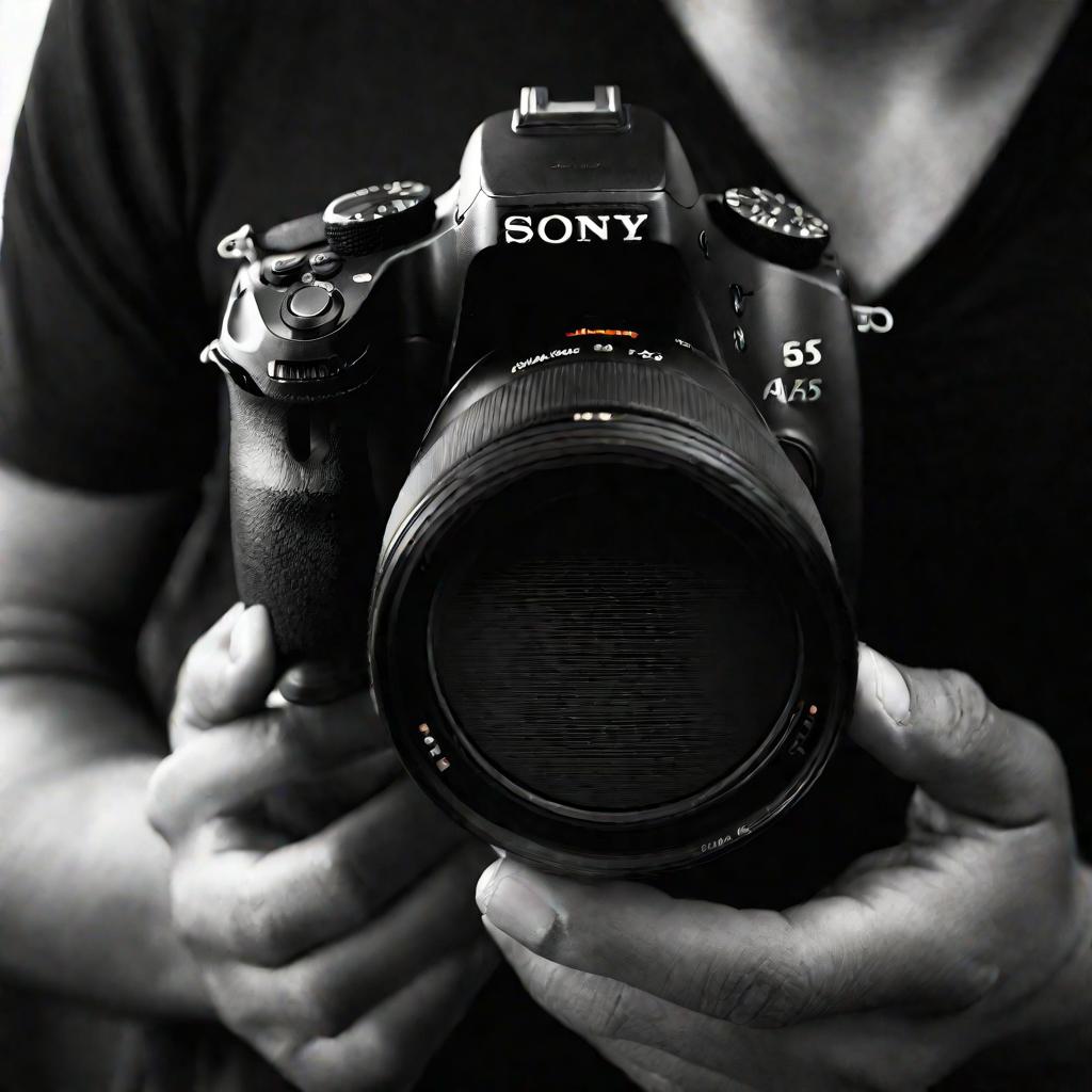 Портретный крупный план камеры Sony SLT-A58, находящейся в руках мужчины.