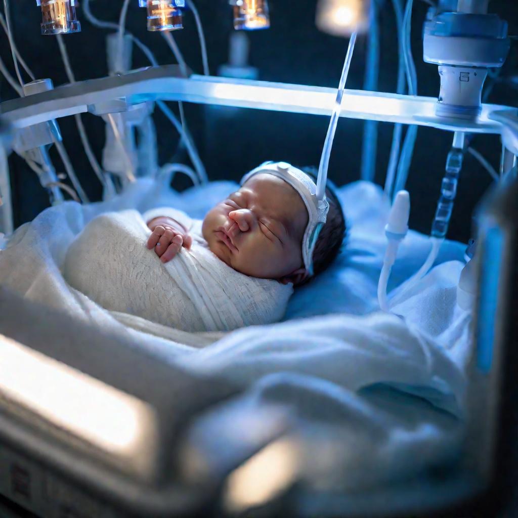 Новорожденный в кувезе в отделении неонатологии