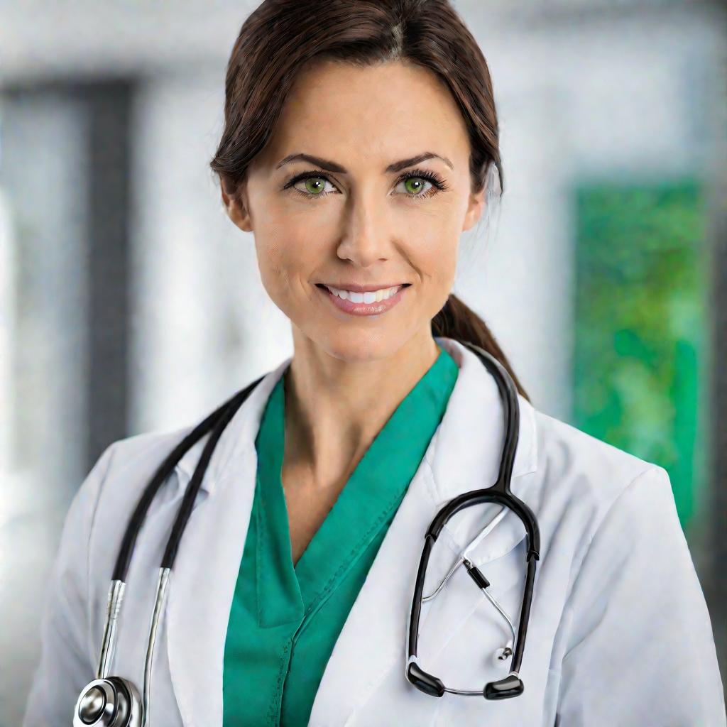 Крупный портрет женщины-врача в белом халате и со стетоскопом на шее. У нее добрая улыбка, она смотрит прямо в камеру, держа в руках планшет и ручку, готовая к приему следующего пациента. Фон размыт.