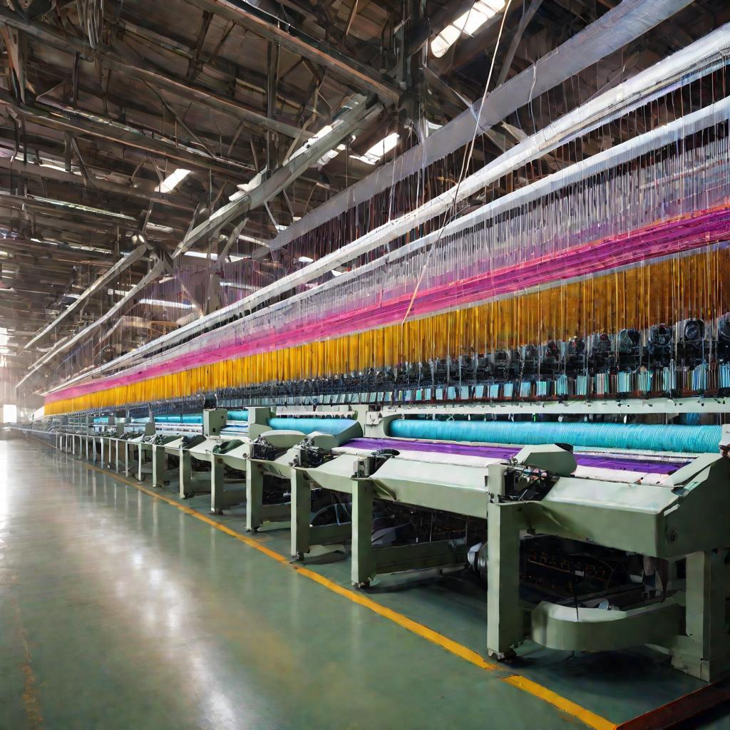 Вид внутри большого светлого цеха для производства ткани. Много рядов современных компьютеризированных ткацких станков заполняют пространство. Катушки с разноцветными нитями подаются в быстро движущиеся станки.