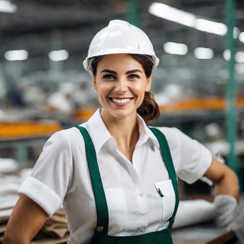 Портрет улыбающейся женщины-работницы текстильной фабрики, смотрящей прямо в камеру