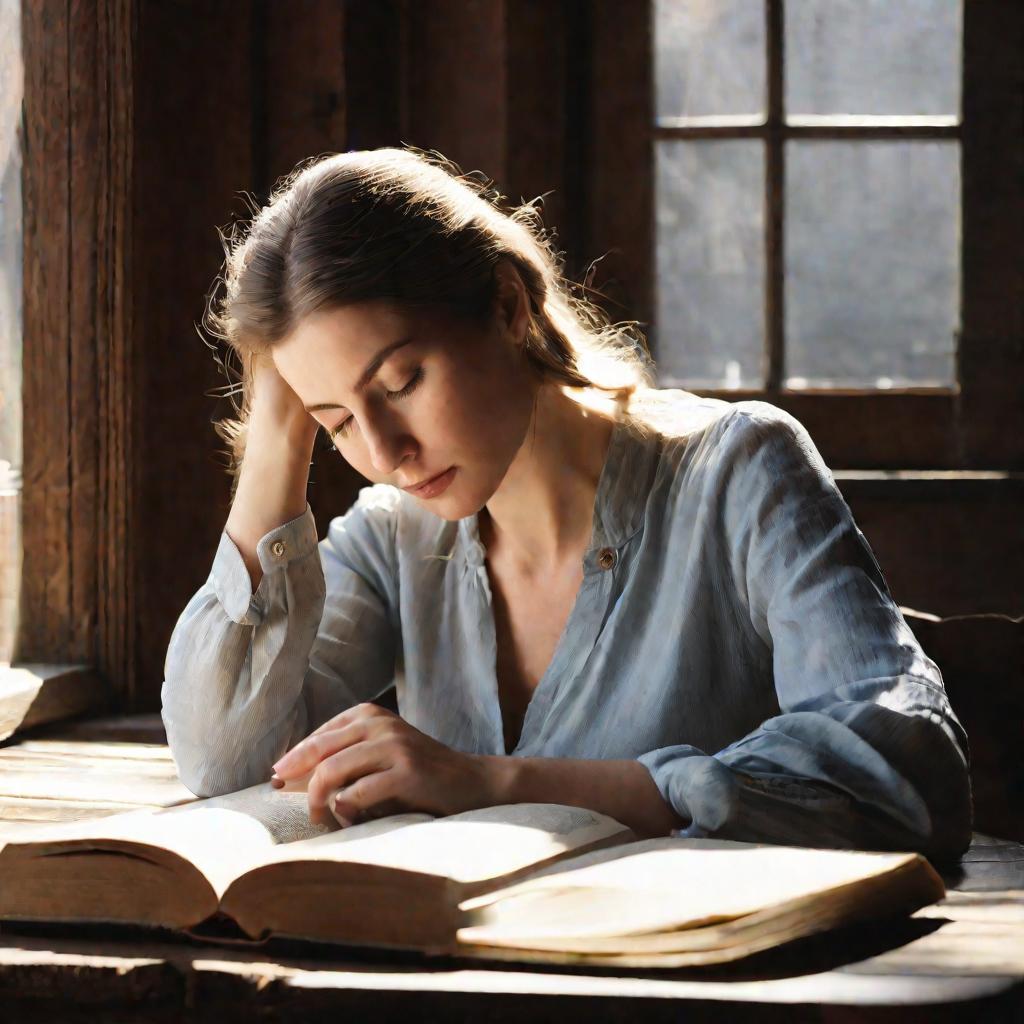 Женщина читает сложную книгу, вглядываясь в текст и пытаясь понять смысл написанного