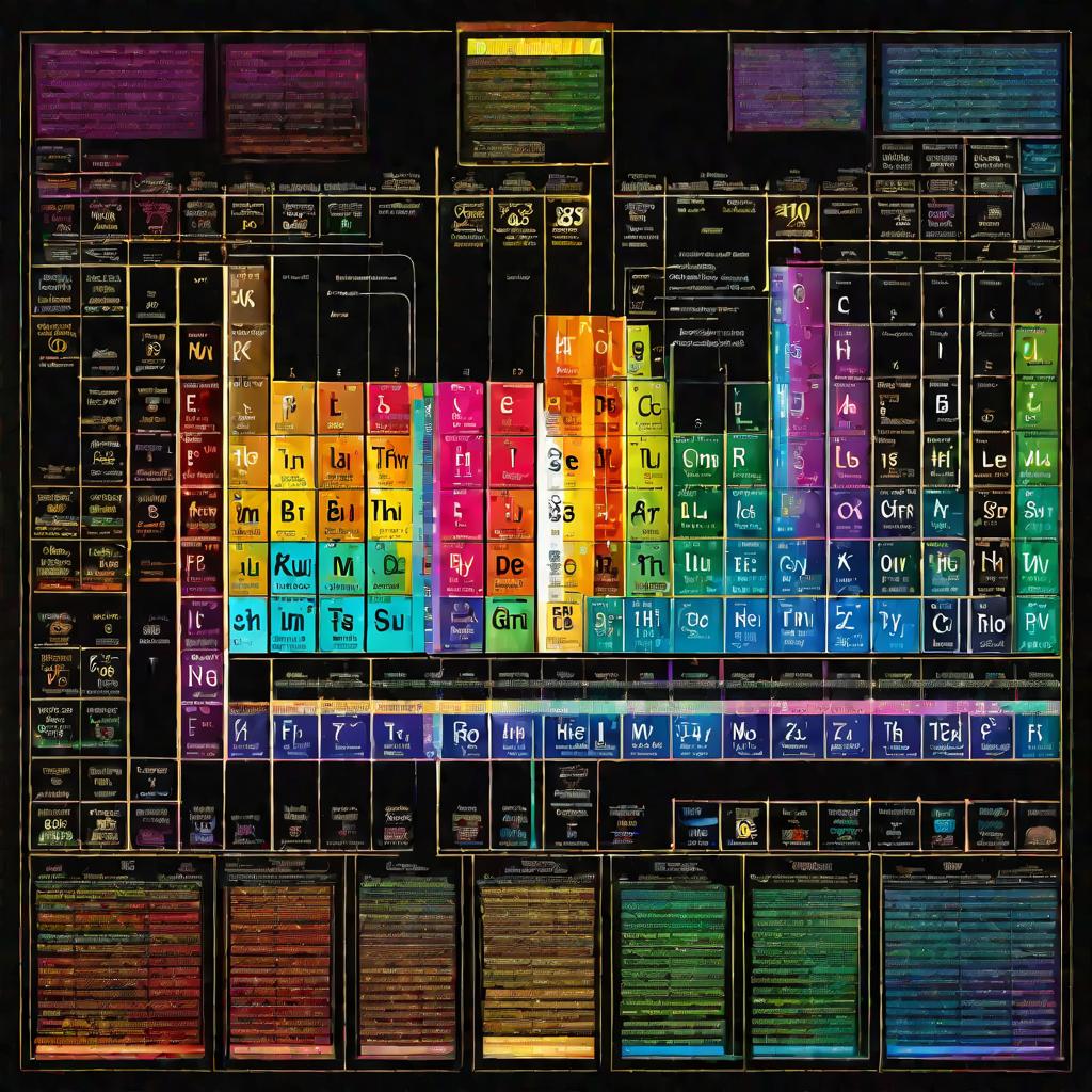 Красочная диаграмма периодической таблицы элементов в виде солнца на темном фоне