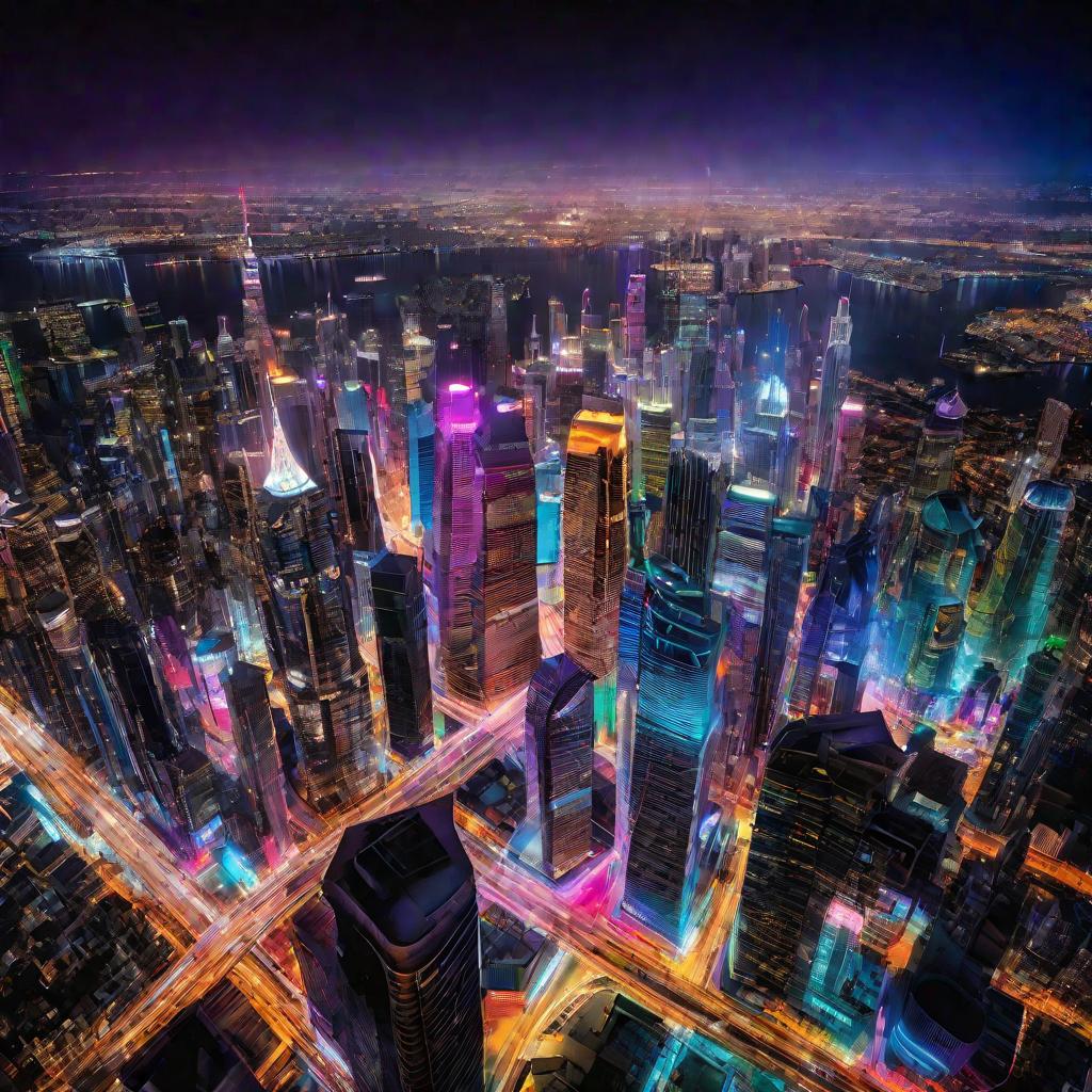 Ночной вид города с неоновой подсветкой небоскребов