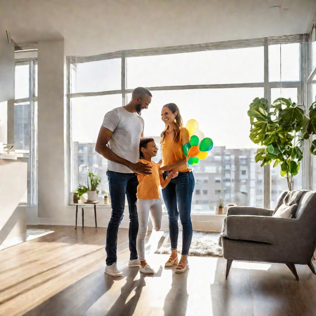 Счастливая молодая семья с ребенком в новой светлой квартире