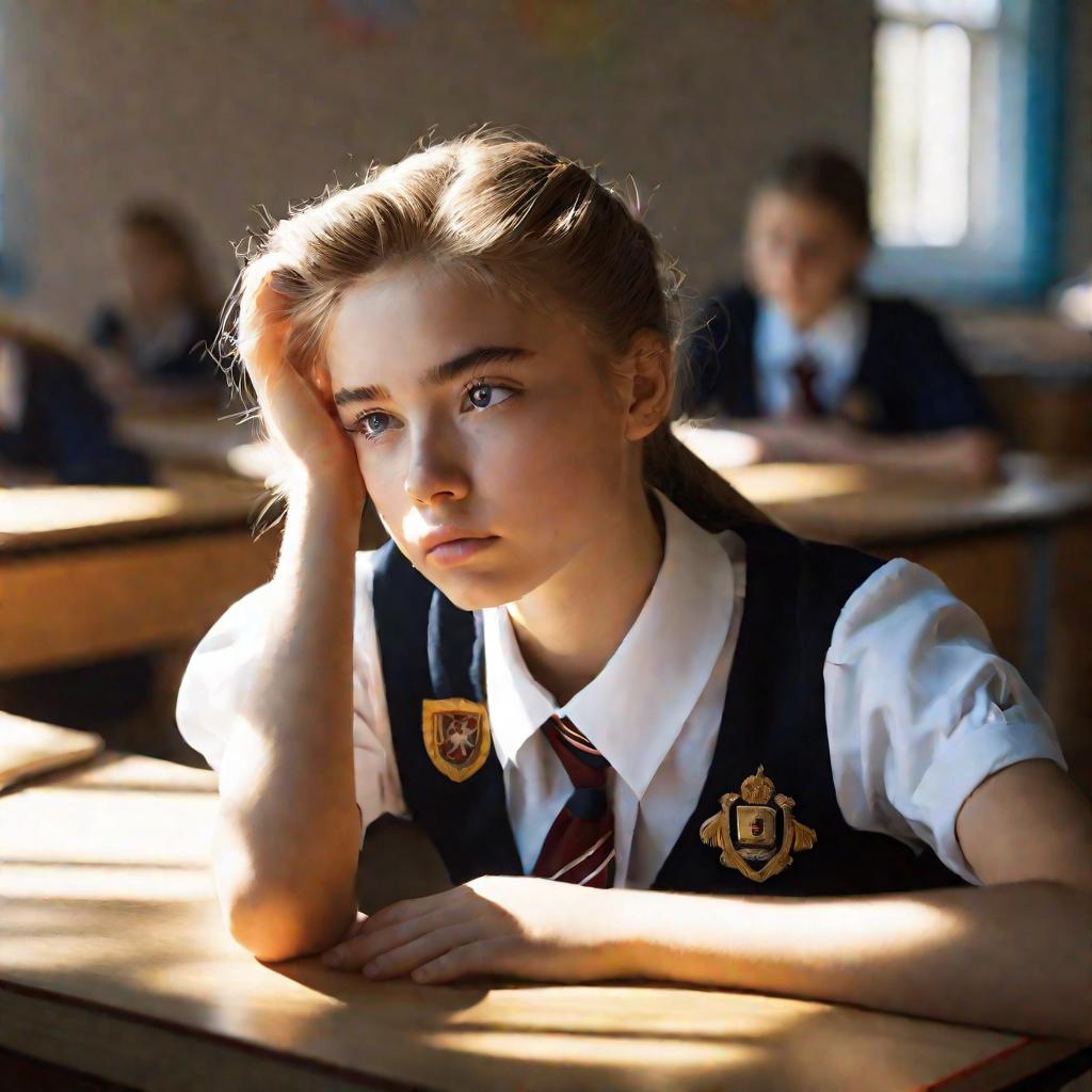 Девушка-подросток, задумавшаяся над правилом русского языка