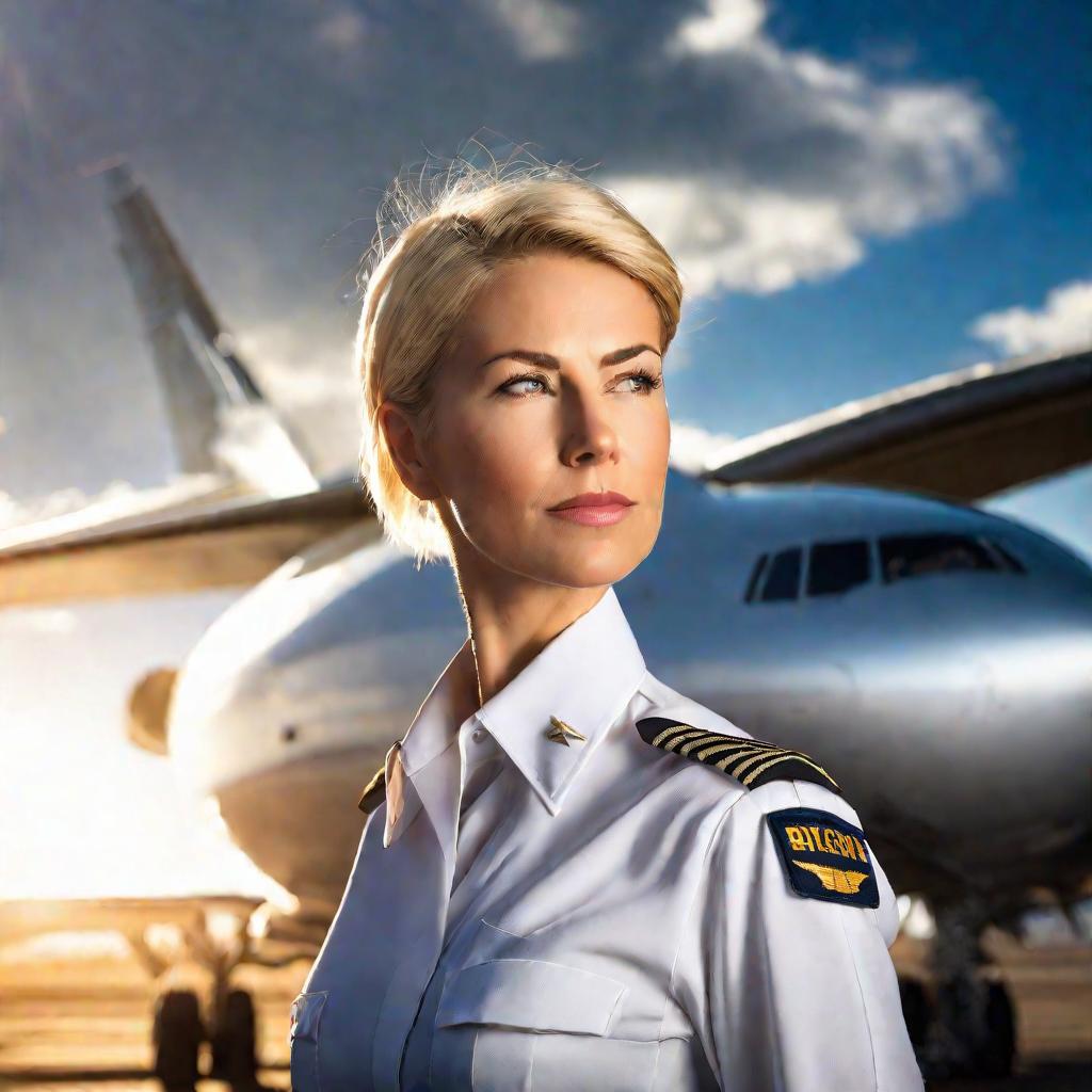 Портрет женщины-пилота на фоне самолета