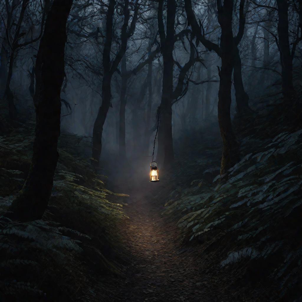 Человек с фонарем идет по лесу в сумерках