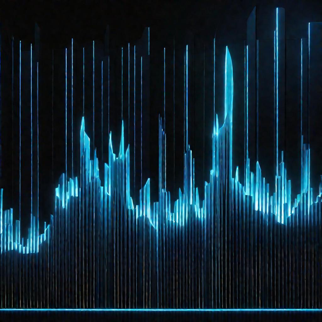 Визуализация числовых данных из массива в виде трехмерной гистограммы, светящейся неоново-синим светом на черном фоне. Столбцы поднимаются из темноты, пульсируя и мерцая энергией. Их пики образуют волнистый ландшафт. Это детальное футуристическое отображе