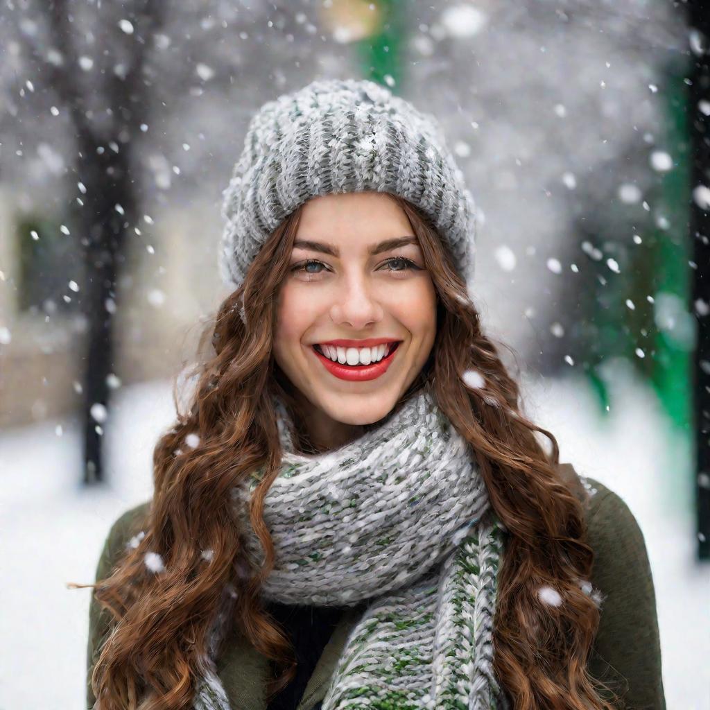 Девушка в зимнем шарфе смеется на улице