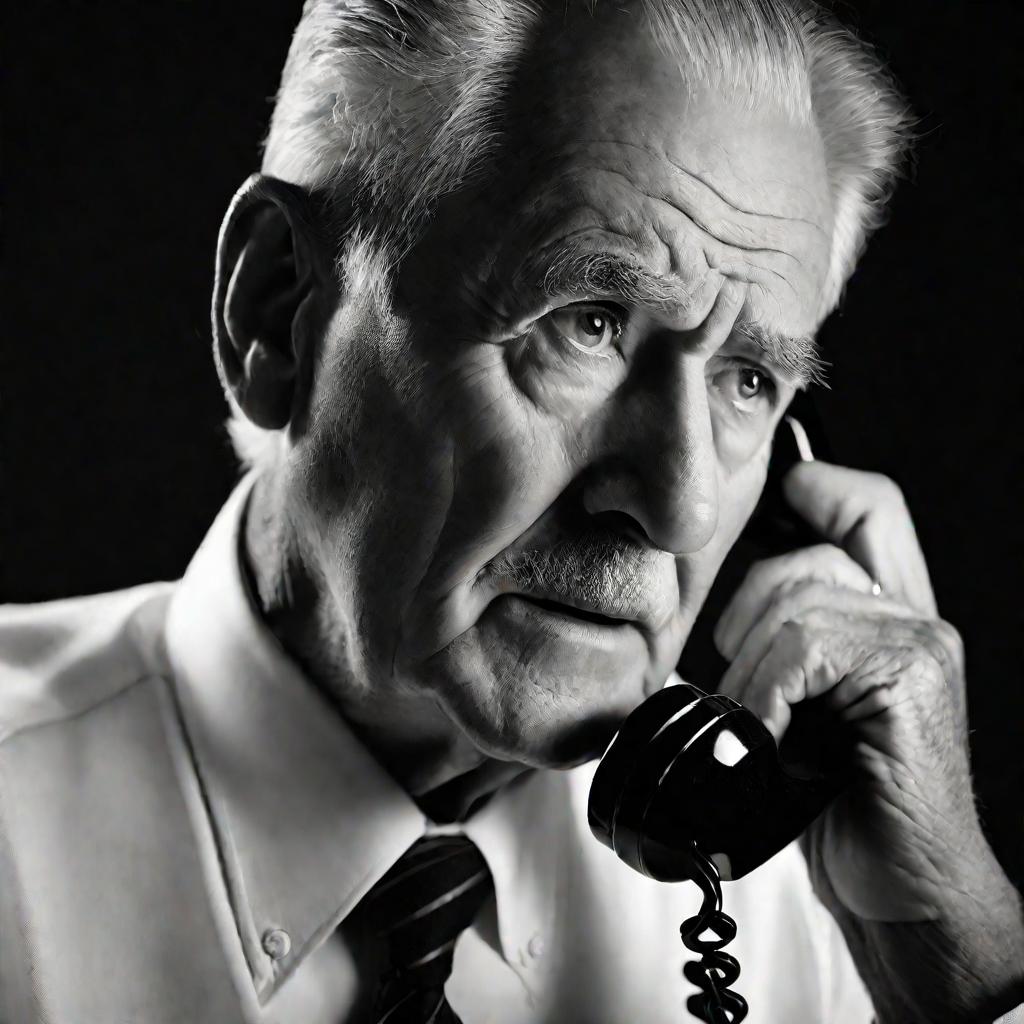 Пожилой мужчина говорит по старому телефону.